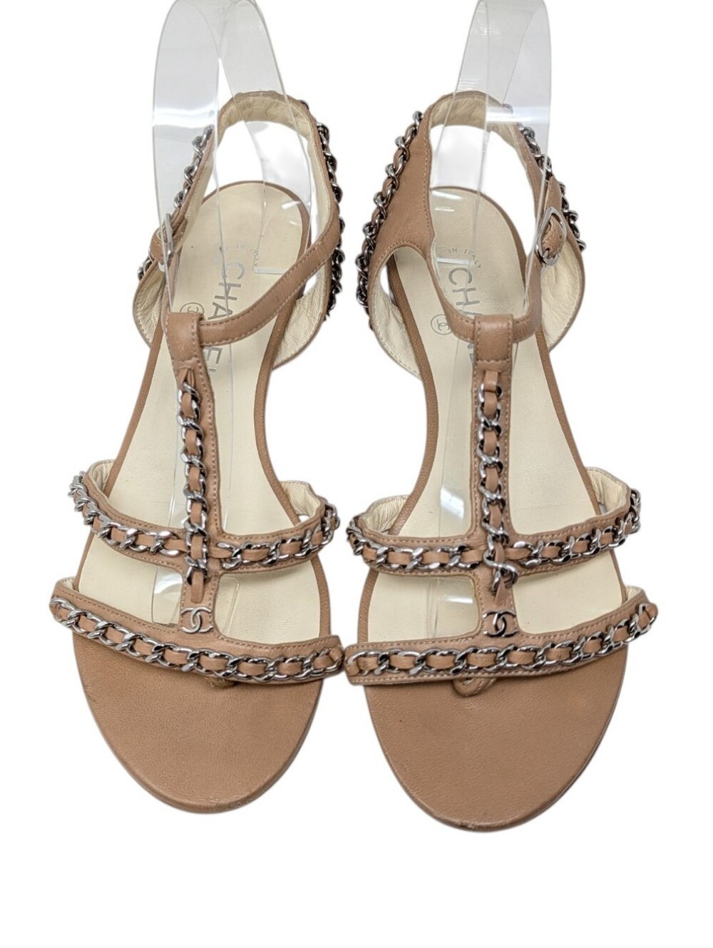 Chanel Nude Chain Cage Gladiator Interlocking CC Flat Sandals Size EU 39